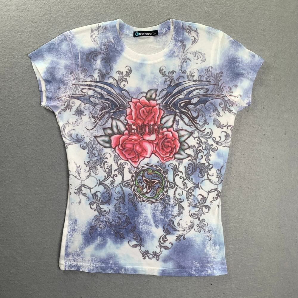 Diva Blue Tie-Dye Short Sleeve Tee with Pink Rose Graphic